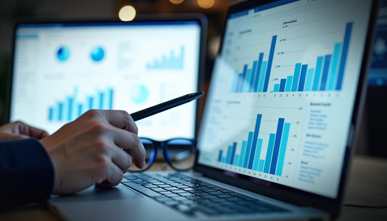 business person looking at data at the laptop - shopping vs performance max